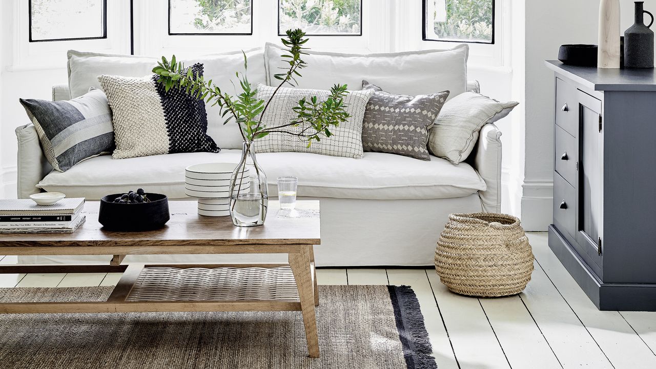 Living room with white painted floorboards, white walls and white sofa with natural and black accents