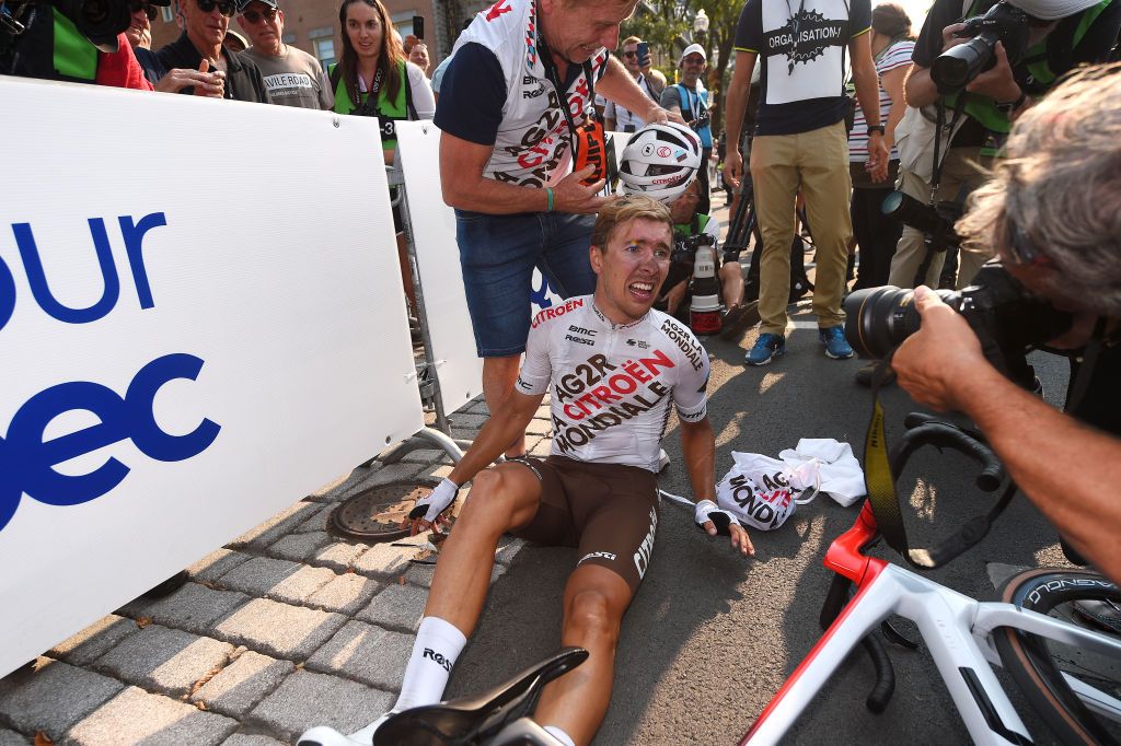 QUEBEC CITY QUEBEC SEPTEMBER 09 Benoit Cosnefroy of France and Ag2R Citroen Team celebrates winning during the 11th Grand Prix Cycliste de Qubec 2022 a 2016km one day race from Quebec to Quebec GPCQM on September 09 2022 in Quebec City Quebec Photo by Dario BelingheriGetty Images