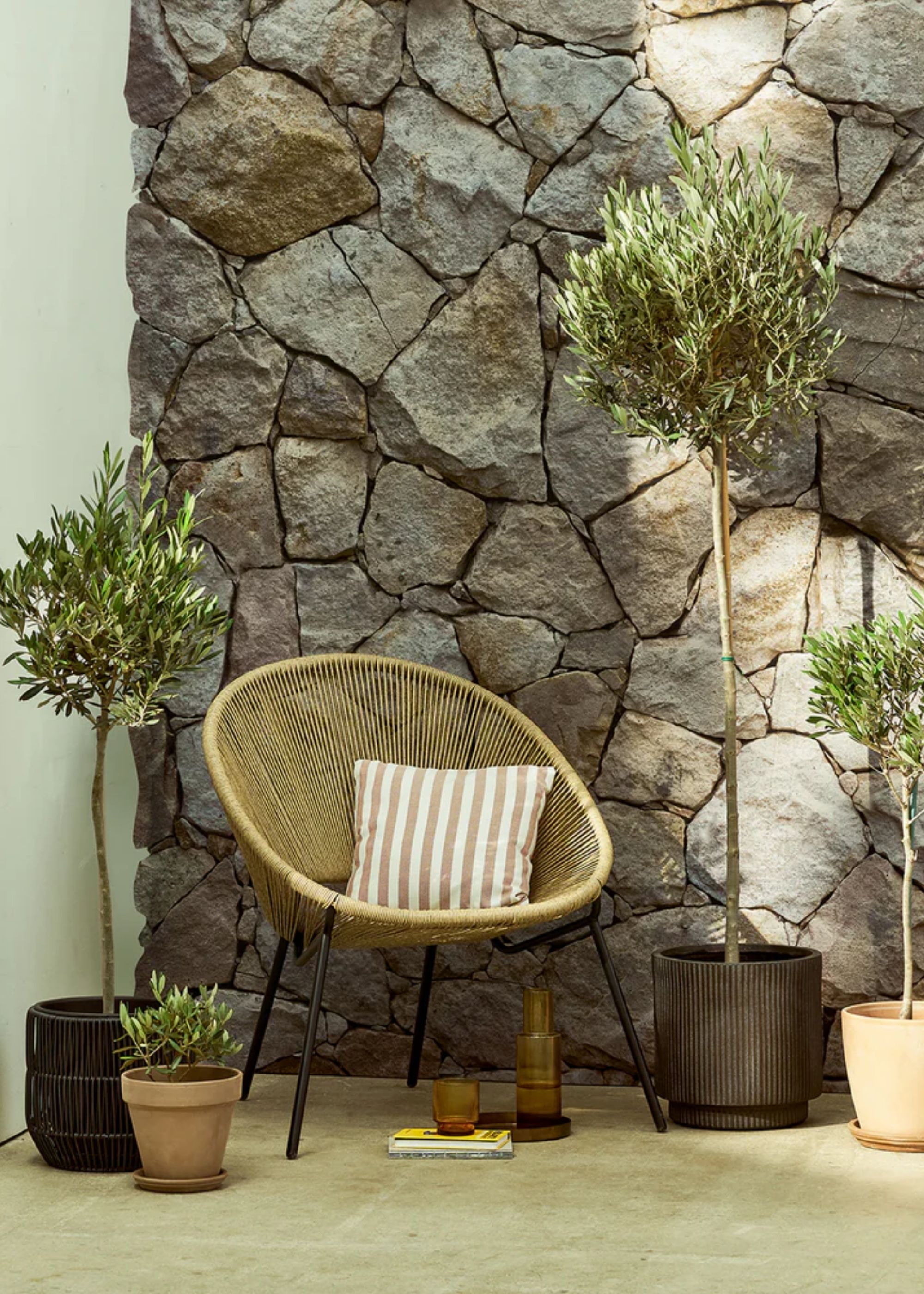 A rope chair surrounded by potted olive trees against a rock wall