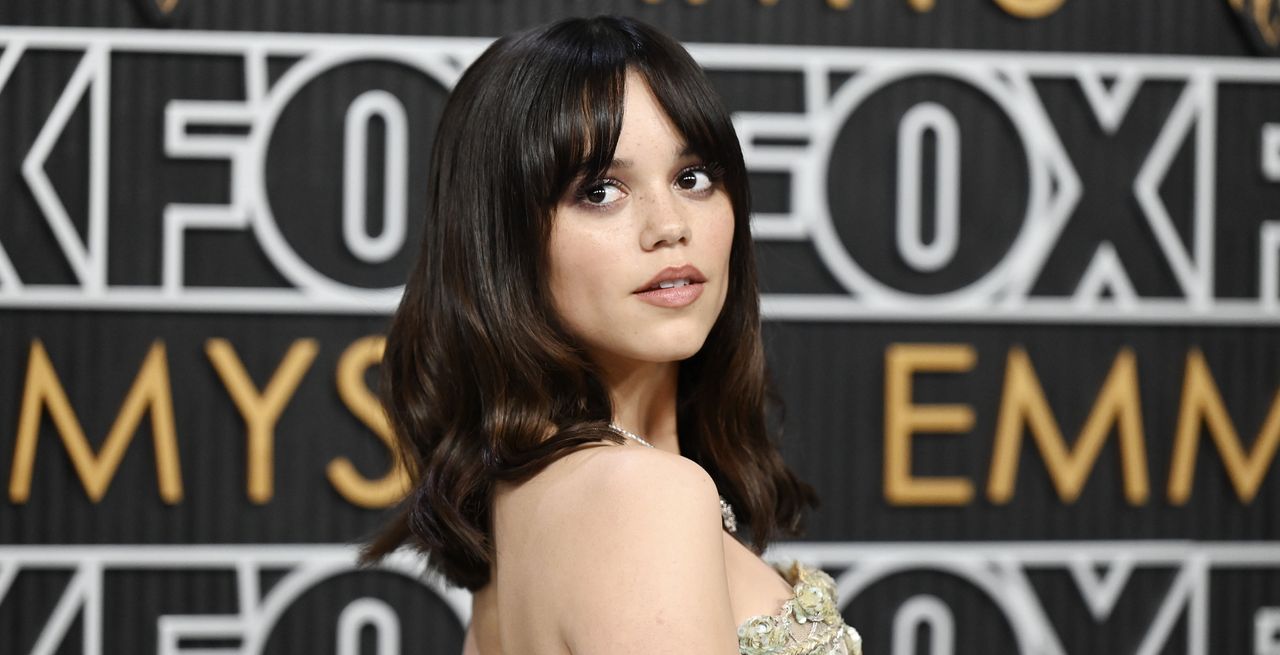 jenna ortega poses on the red carpet at the 2024 emmy awards