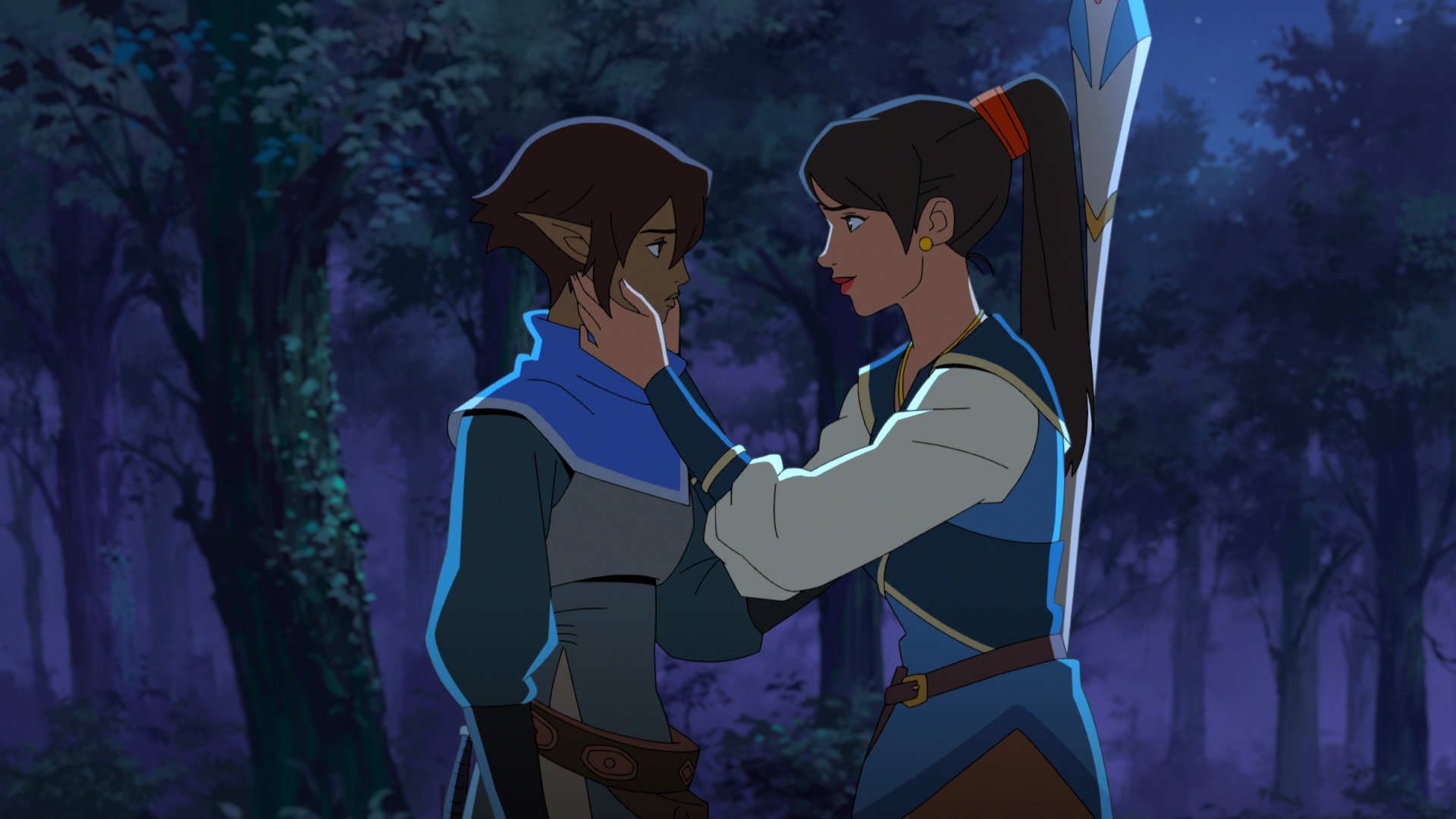 Dragon Age: Absolution - Hira and Miri share a moment together in a dark forest as Hira tenderly touches Miri's face.