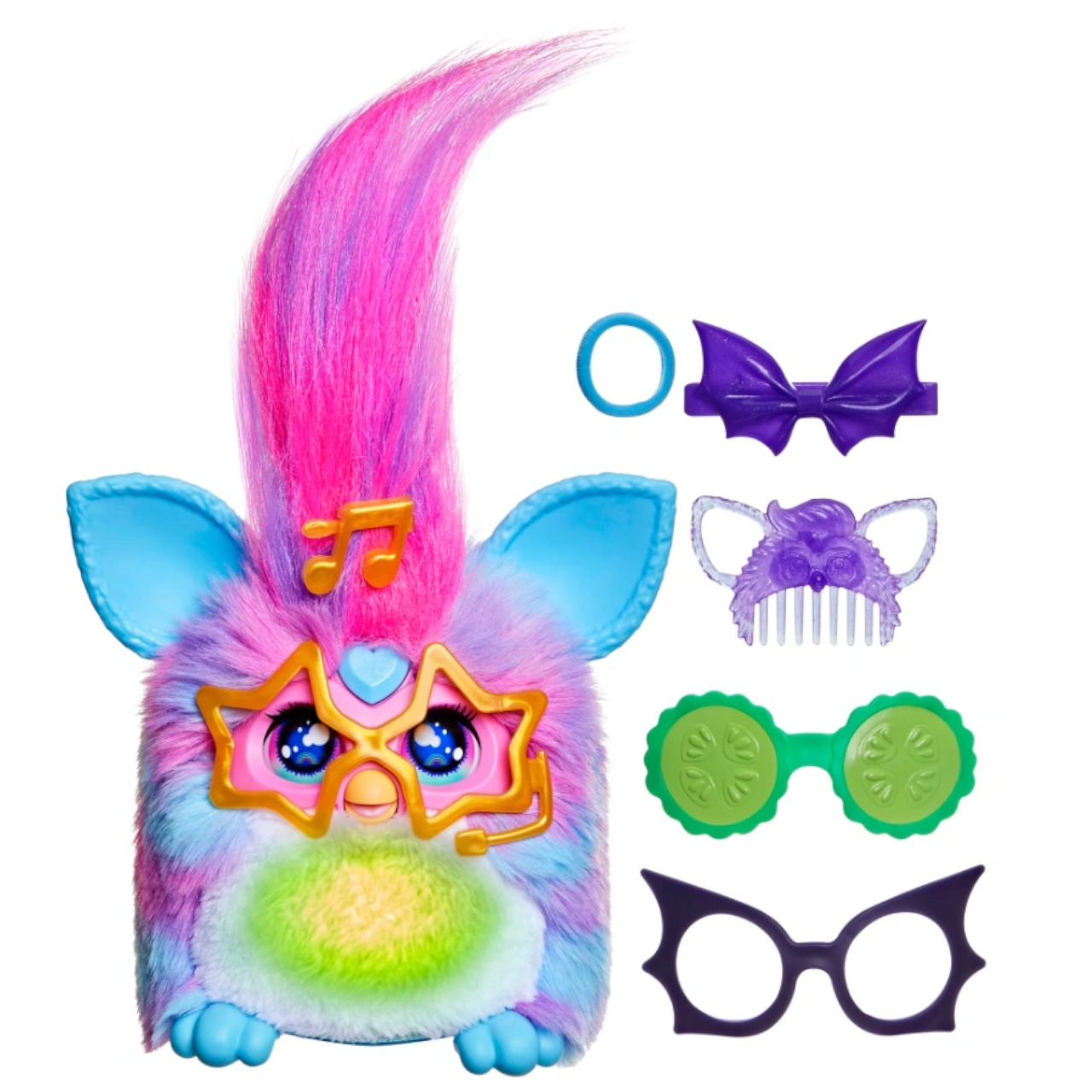 Furby Vibes and accessories on a plain background