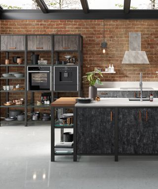 A modern kitchen design with glossy white flooring, exposed brick walls and gray industrial style storage.