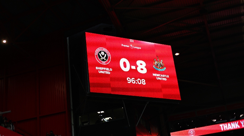 Bramall Lane scoreboard after Newcastle beat Sheffield United 8-0 in September 2023.