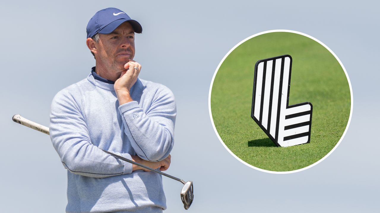 Rory McIlroy holding his puter and an inset of a LIV Golf tee marker logo