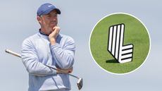 Rory McIlroy holding his puter and an inset of a LIV Golf tee marker logo
