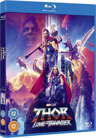 Thor, The Mighty Thor, Gorr, Valkyrie and Korg on the cover of the Thor: Love and Thunder Blu-ray.