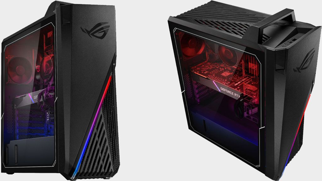 Asus ROG gaming desktop on a gray background.