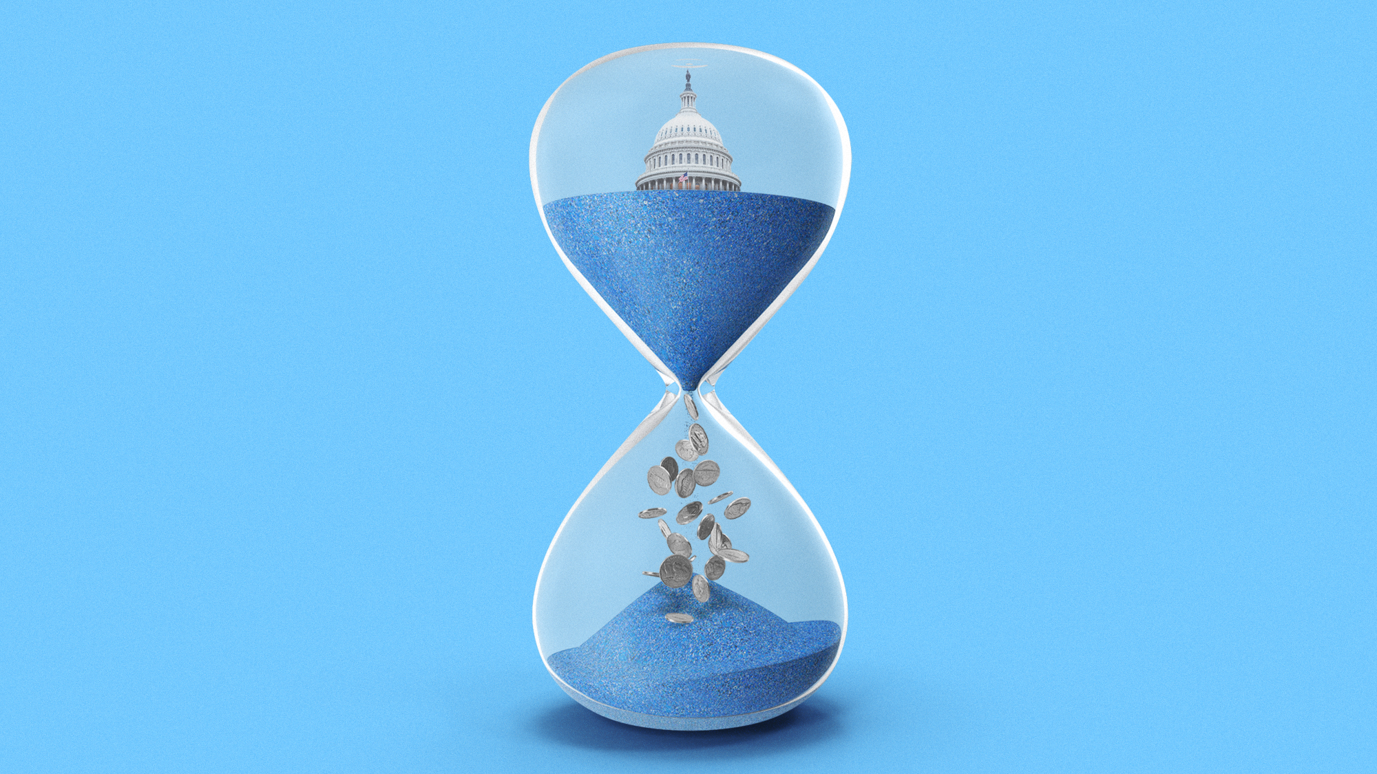 Illustration of an hourglass with the Capitol dome on top and money falling into the bottom