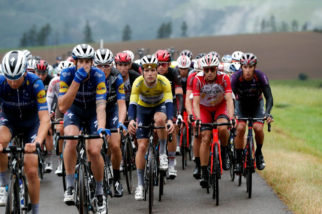 ESCHSURSRE LUXEMBOURG SEPTEMBER 15 LR Joo Almeida of Portugal and Team Deceuninck QuickStep yellow leader jersey and Jos Herrada Lopez of Spain and Team Cofidis compete during the 81st SkodaTour De Luxembourg 2021 Stage 2 a 1861km stage from Steinfort to EschSurSre Eschdorf 504m skodatour skodatour on September 15 2021 in EschSurSre Luxembourg Photo by Bas CzerwinskiGetty Images