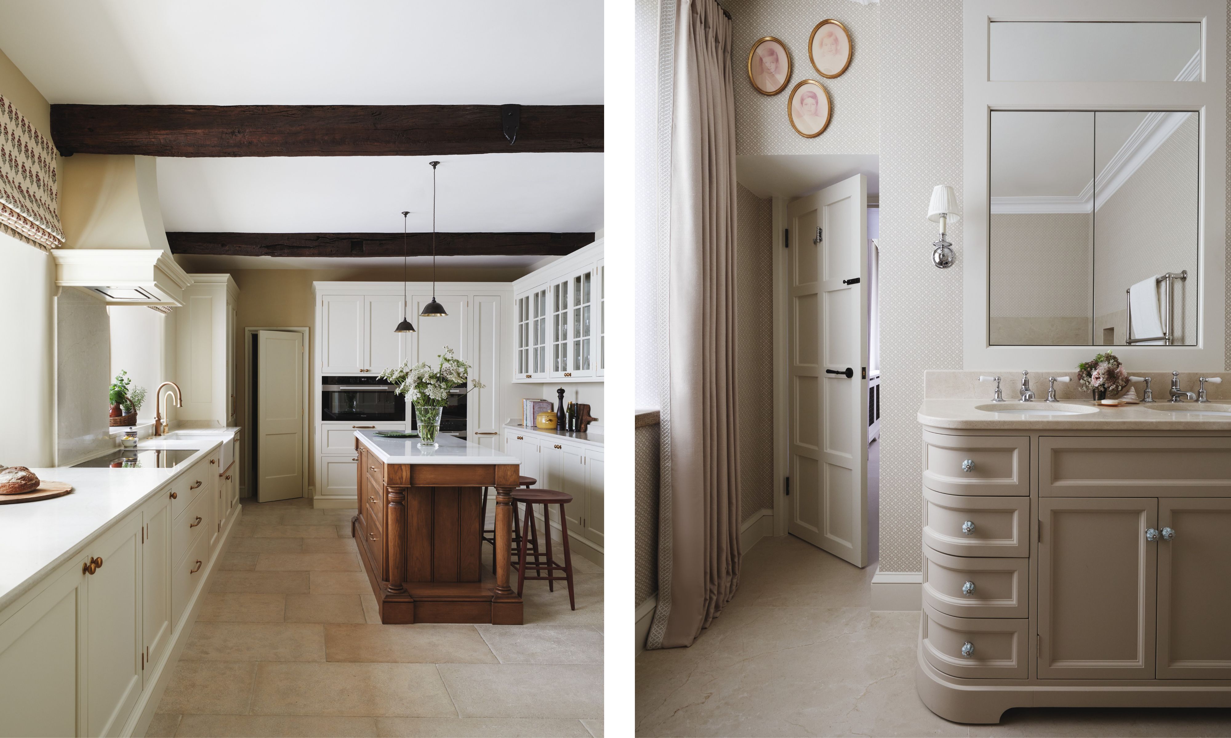 side by side images of a large traditional white kitchen with stone floor, wooden beams, and a wooden kitchen island next to a neutral wallpapered bathroom and neutral bathroom vanity