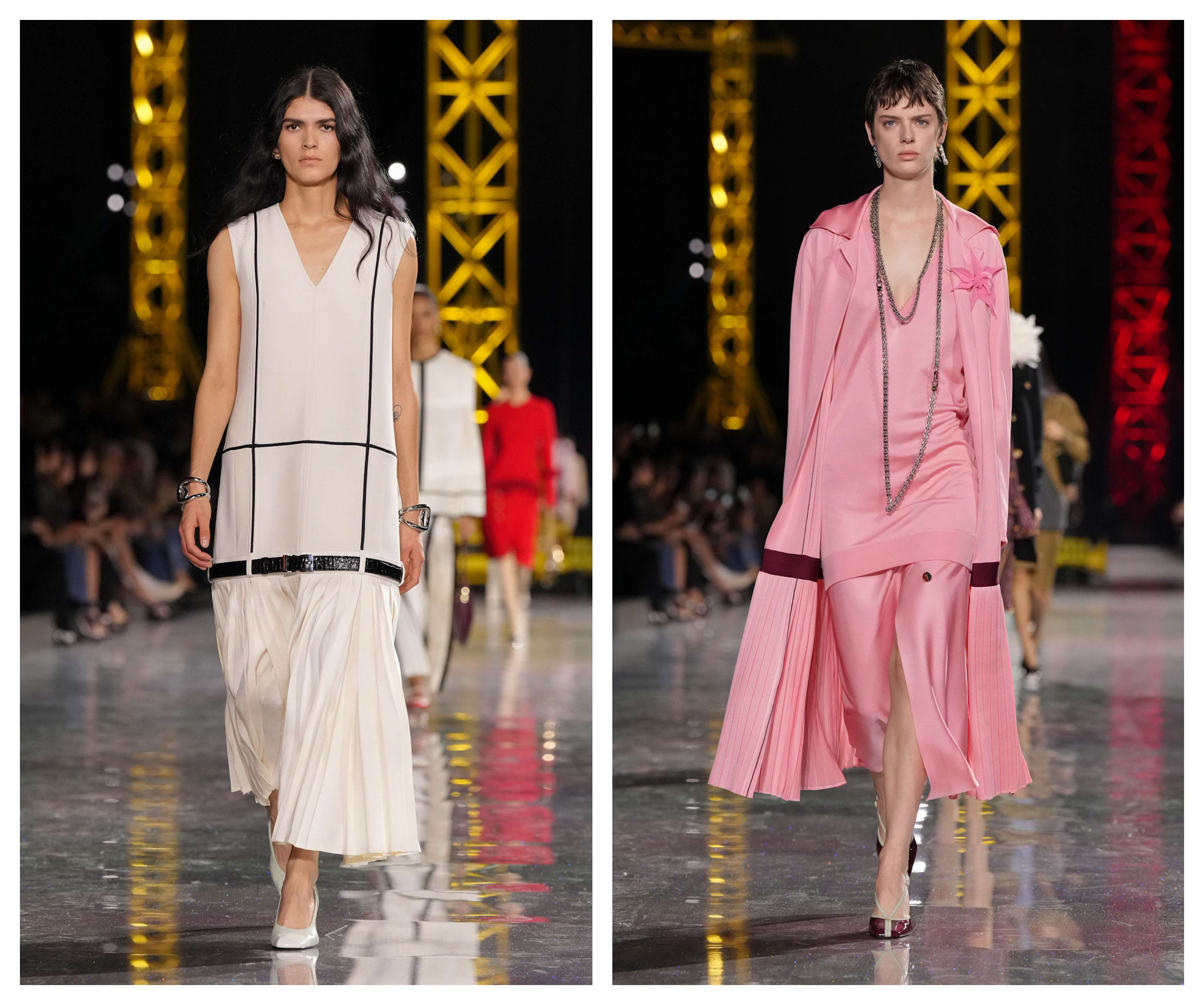 two models wearing drop waist dresses on the Chanel Fall 2026 fashion show runway