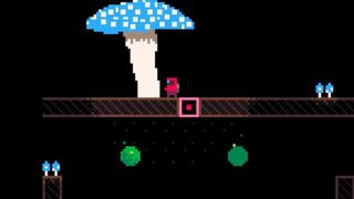 A little man stands next to a mushroom