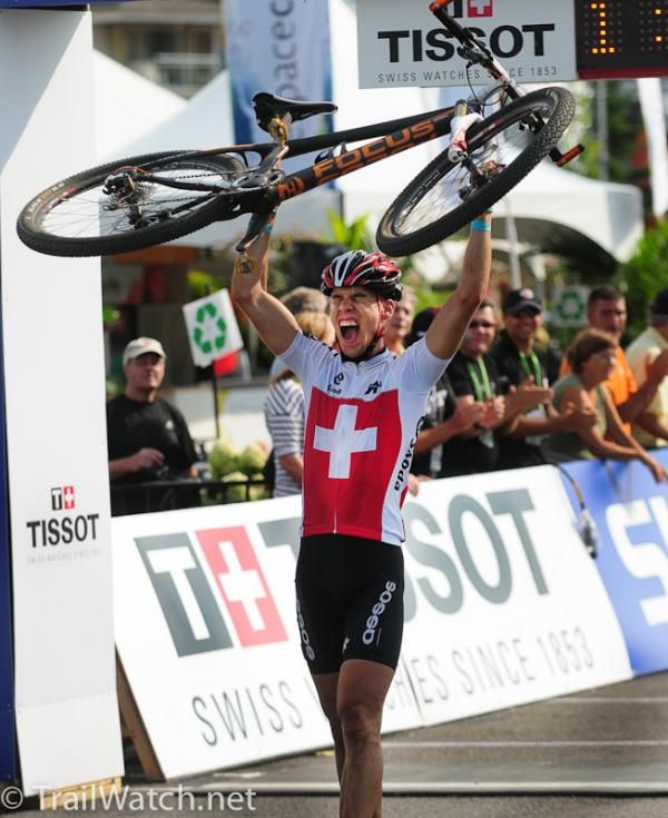Thomas Litscher (Switzerland) celebrates his second place