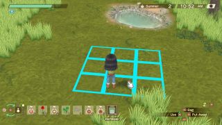 Story of Seasons: A Wonderful Life - A player holds fertilizer with a blue 3x3 grid ont he ground showing where it will be spread