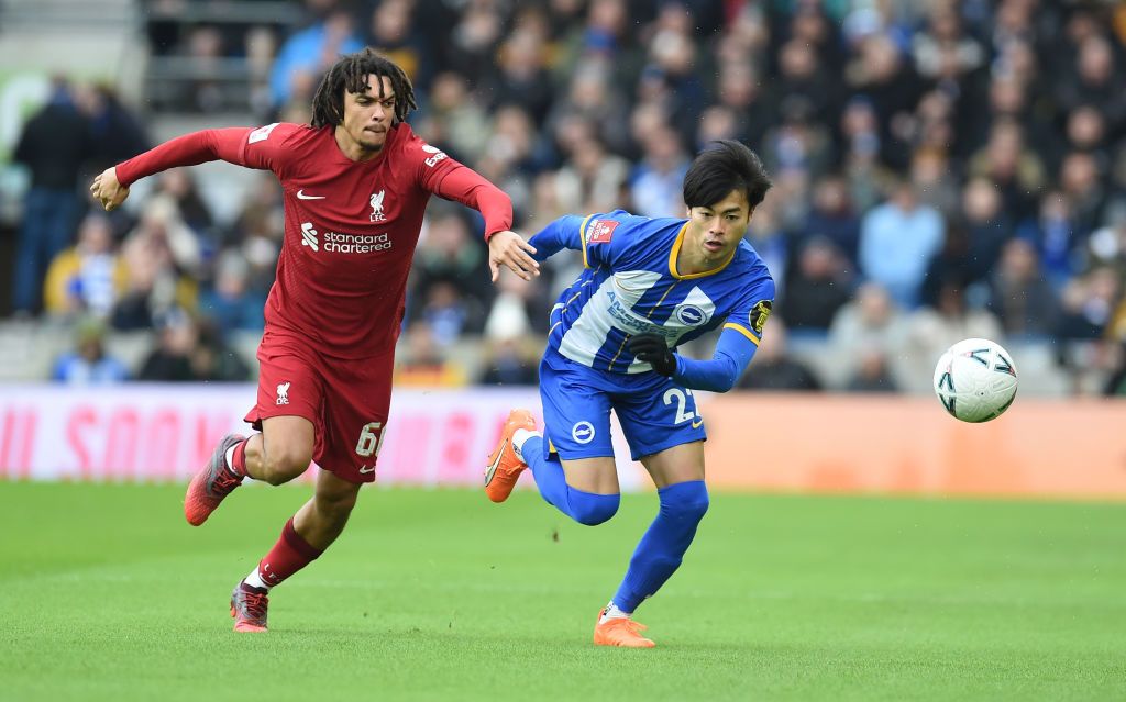 rent Alexander-Arnold of Liverpool with Brighton &amp; Hove Albion&#039;s Kaoru Mitoma at Amex Stadium on January 29, 2023 in Brighton, England. 