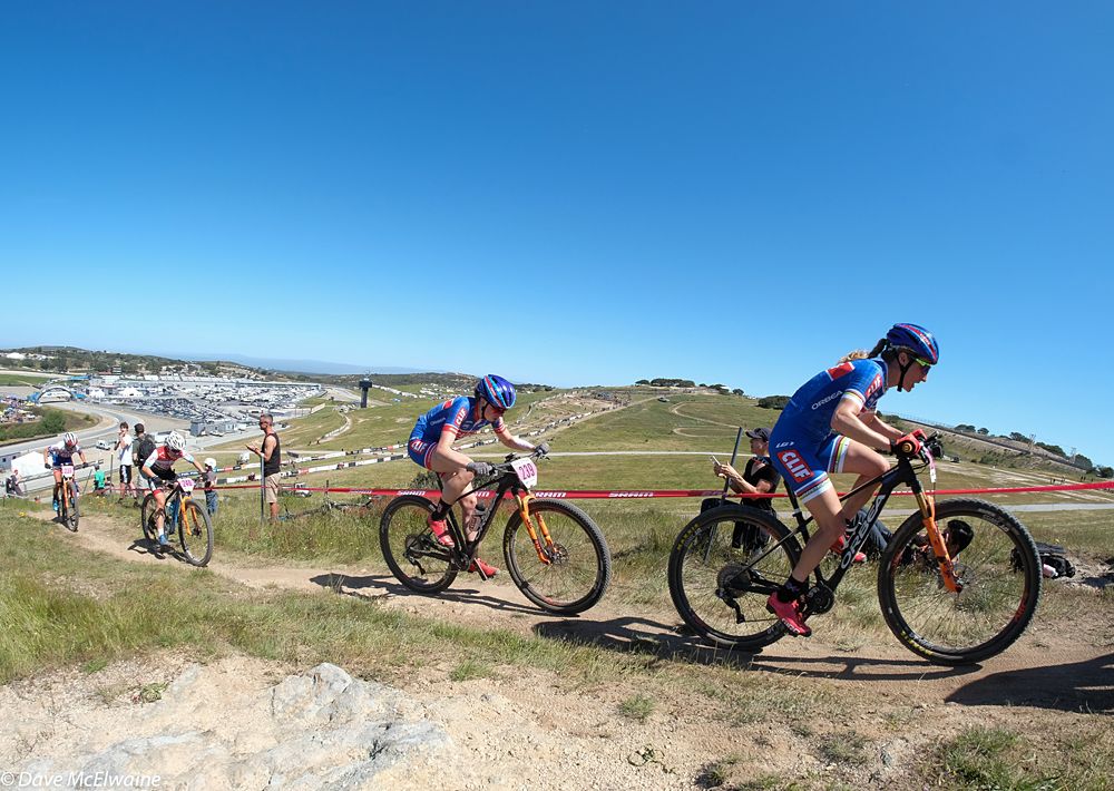 Catherine Pendrel and Clif teammate Haley Batten riding in the lead group during the third lap