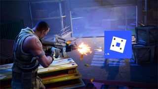 Fortnite character shooting the Roblox logo