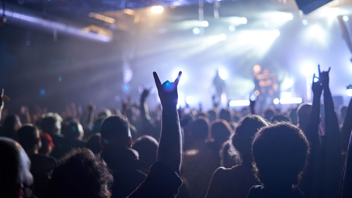 Best earplugs for concerts: Crowd at a rock concert with stage in the background blurred