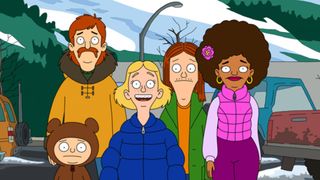Beef Tobin and family assemble in a snowy scene from Fox animated comedy The Great North season 4