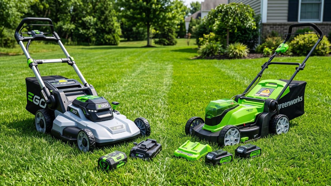 An EGO and a Greenworks lawnmower facing each other on a lawn