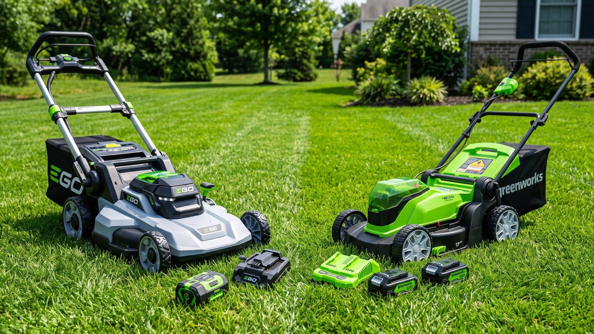 An EGO and a Greenworks lawnmower facing each other on a lawn