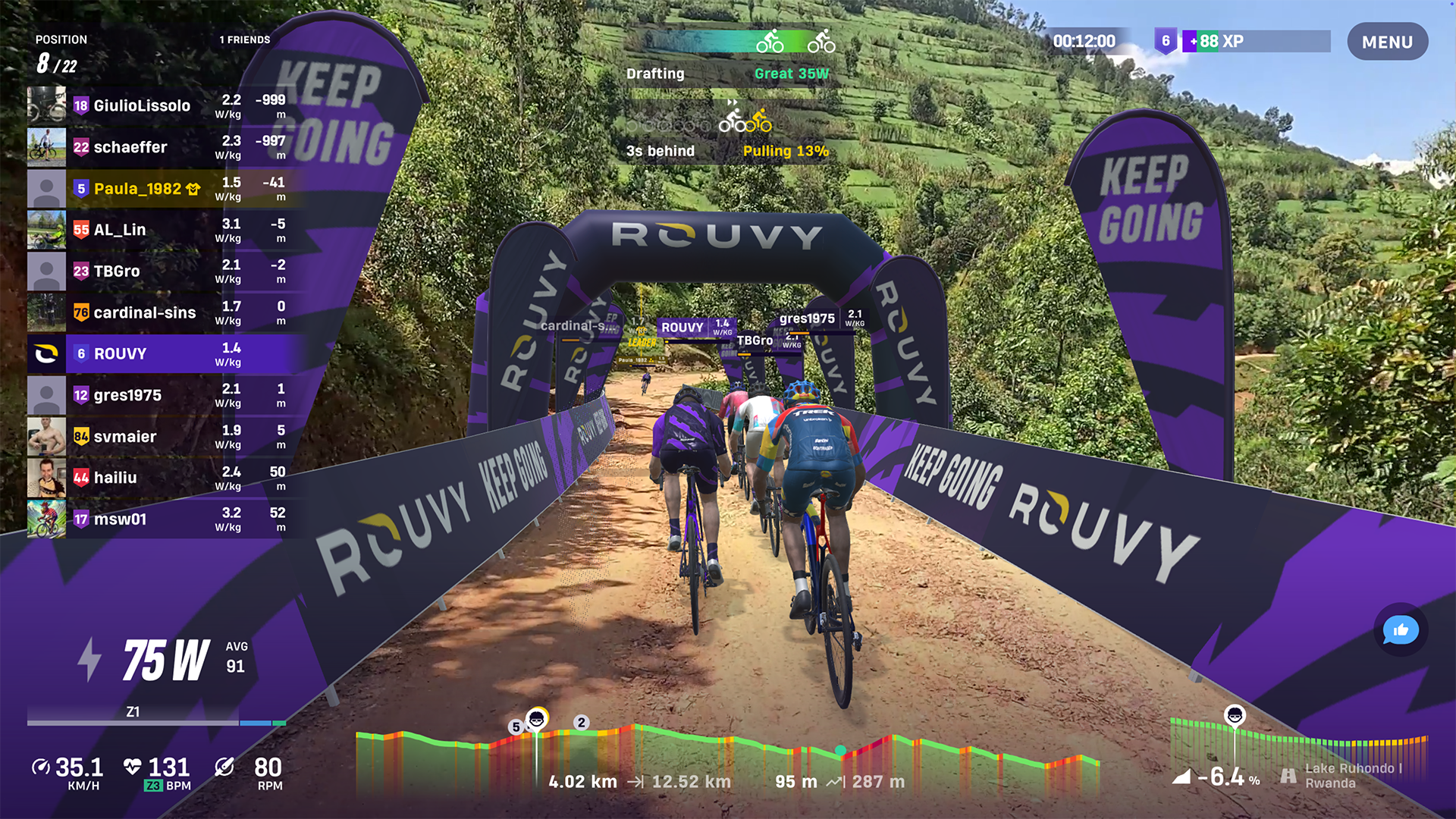 Riding the Lake Ruhondo course on Rouvy, screenshot