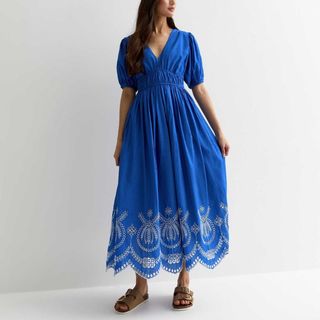 Bright Blue Cotton Broderie Hem Midi Dress