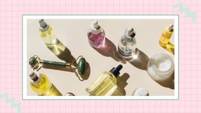 Skincare trends 2023: Picture of glass serum bottles, moisturizers and a quartz face roller in a pink and green template