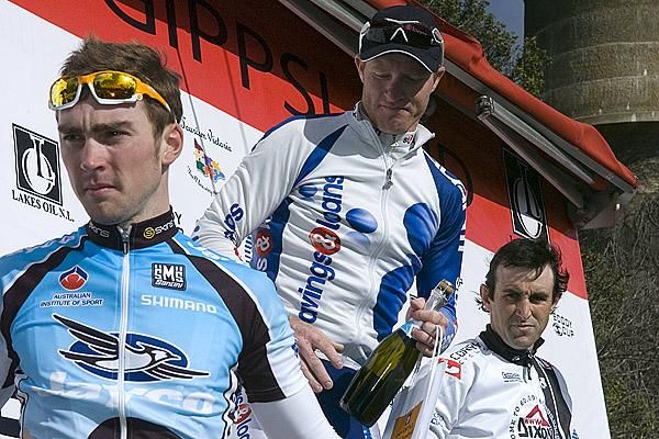 The stage five podium (l-r): Leigh Howard (2nd,Jayco/AIS), Joel Pearson (1st,Savings and Loans), and Tobias Boylan (3rd,Dixon Homes).