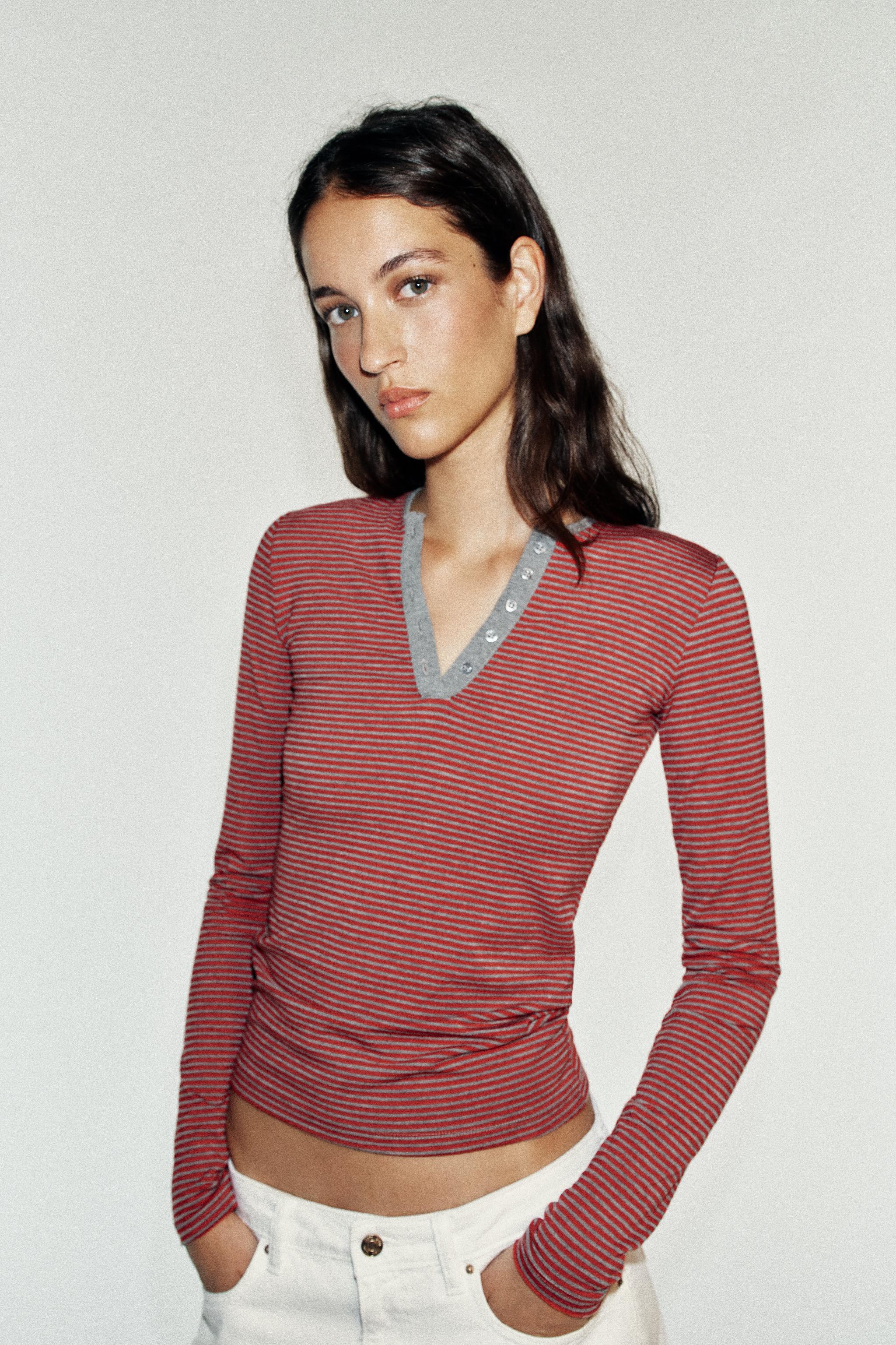 Striped Henley T-Shirt - Striped - S