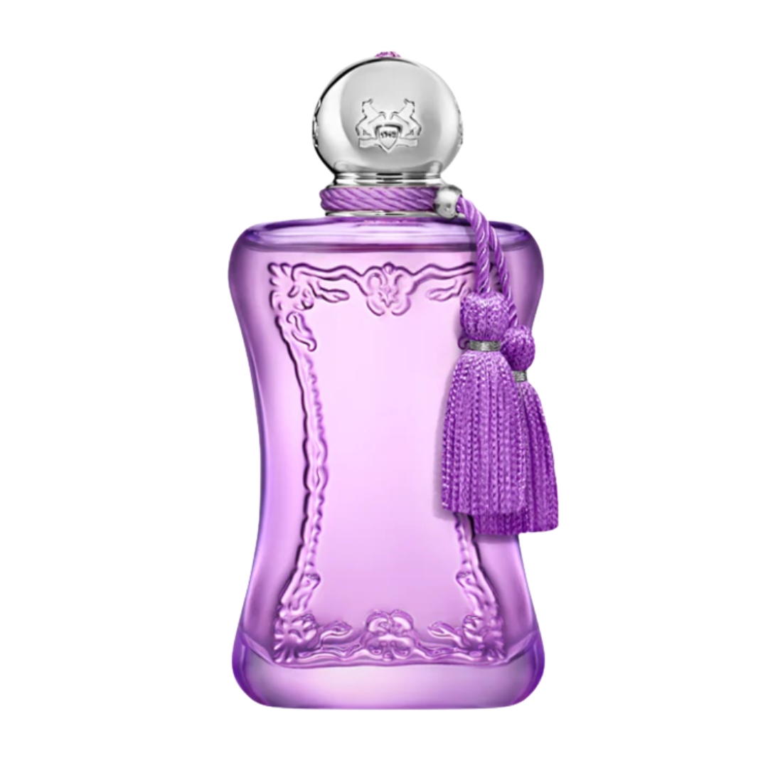 A product shot of the Parfums de Marly Palatine Eau de Parfum, with its purple bottle and tassels, on a white background