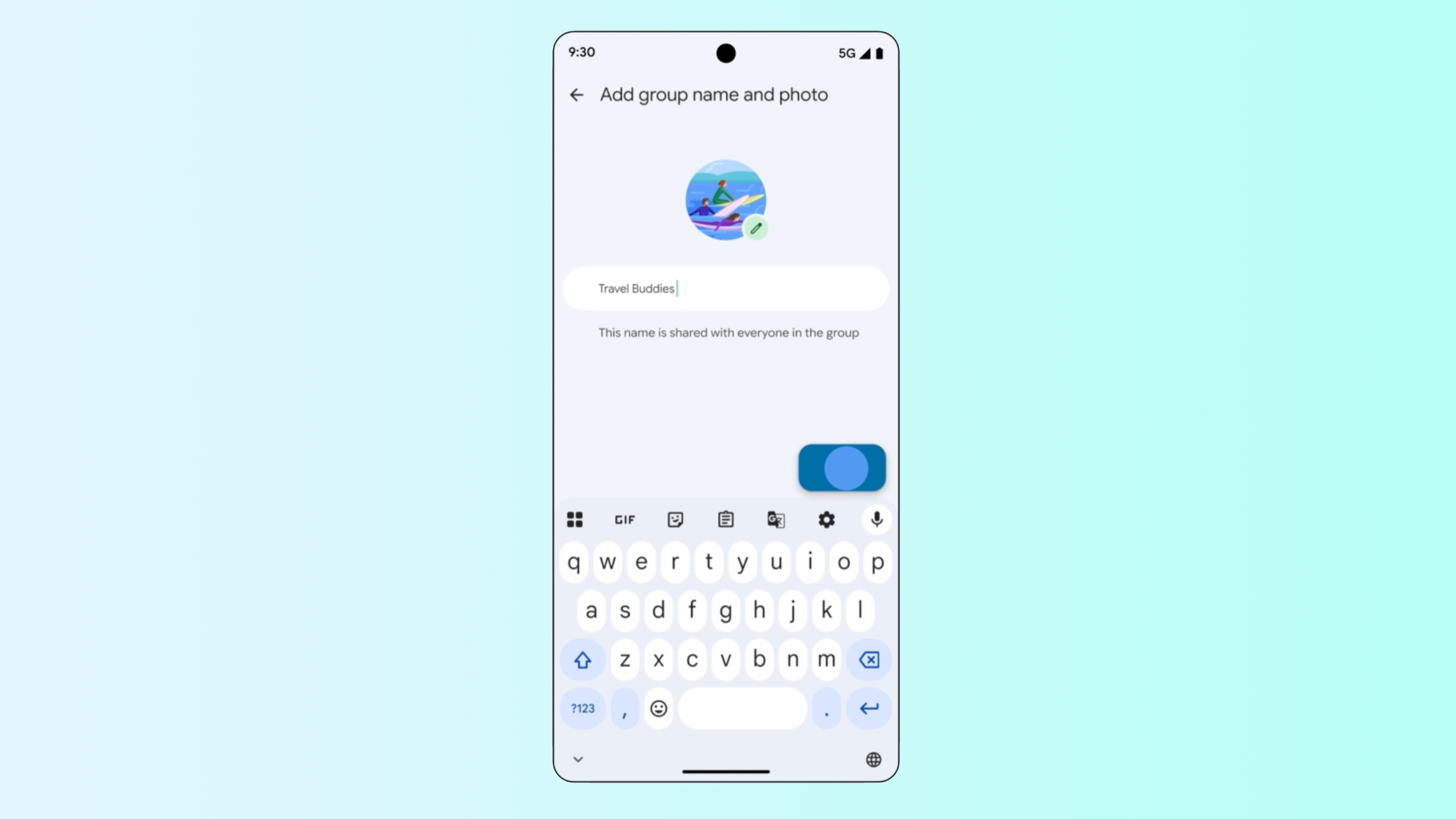 A sample screenshot of the Google Messages customization features against a gradient background.
