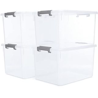 Four 32 Qt Plastic Storage Bins With Gray Latching Lids 