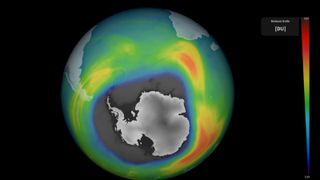 A multicolor image of the Earth's ozone layer with a large hole above Antarctica