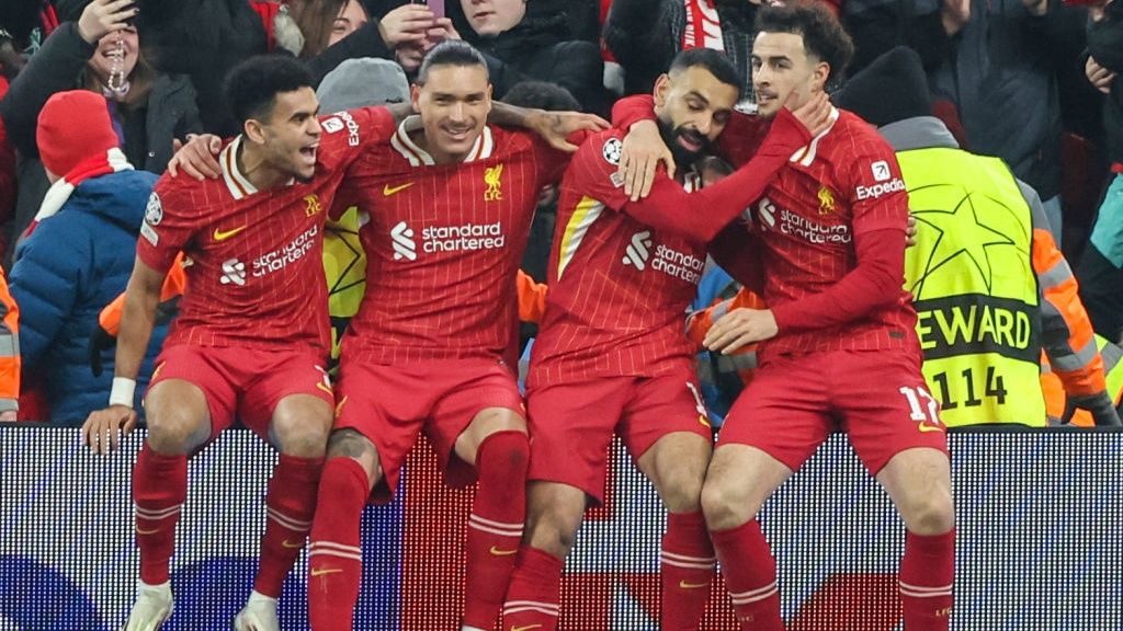 Liverpool&#039;s Mohamed Salah (2nd r) celebrates scoring the opening goal with Luis Diaz, Darwin Nunez and Curtis Jones during the UEFA Champions League 2024/25 League Phase MD7 match between Liverpool FC and LOSC Lille at Anfield on January 21, 2025 in Liverpool, England.