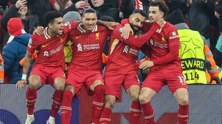 Liverpool's Mohamed Salah (2nd r) celebrates scoring the opening goal with Luis Diaz, Darwin Nunez and Curtis Jones during the UEFA Champions League 2024/25 League Phase MD7 match between Liverpool FC and LOSC Lille at Anfield on January 21, 2025 in Liverpool, England.