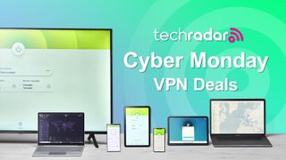 Cyber Monday VPN deals next to a variety of devices running VPN apps