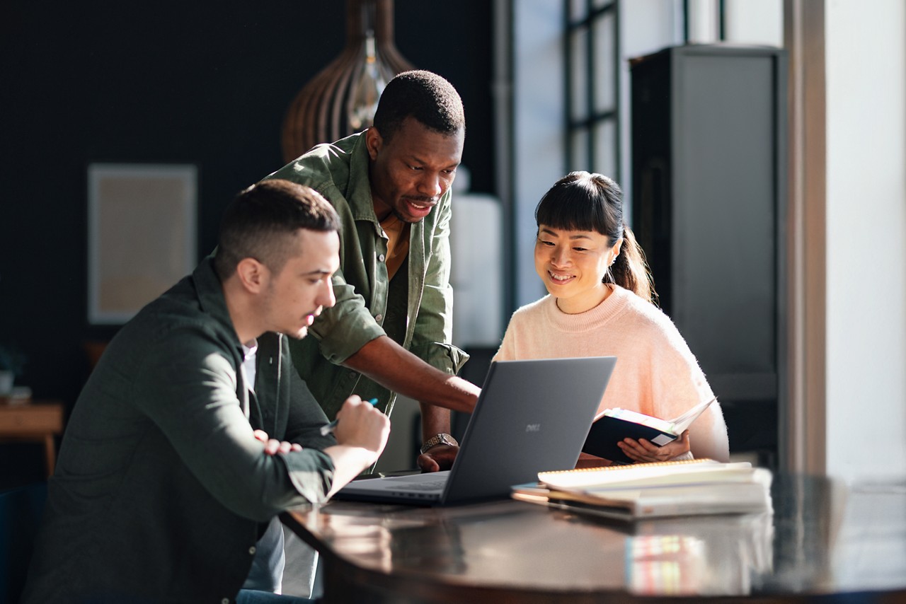 Colleagues working with a Dell business laptop