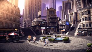 Four pixelated people run through a 3D city in a screenshot from Star Ocean: Second Story R