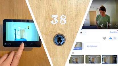 Split image of EZVIZ EP4 internal screen, external camera, and screengrab of footage in app