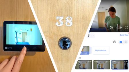 Split image of EZVIZ EP4 internal screen, external camera, and screengrab of footage in app