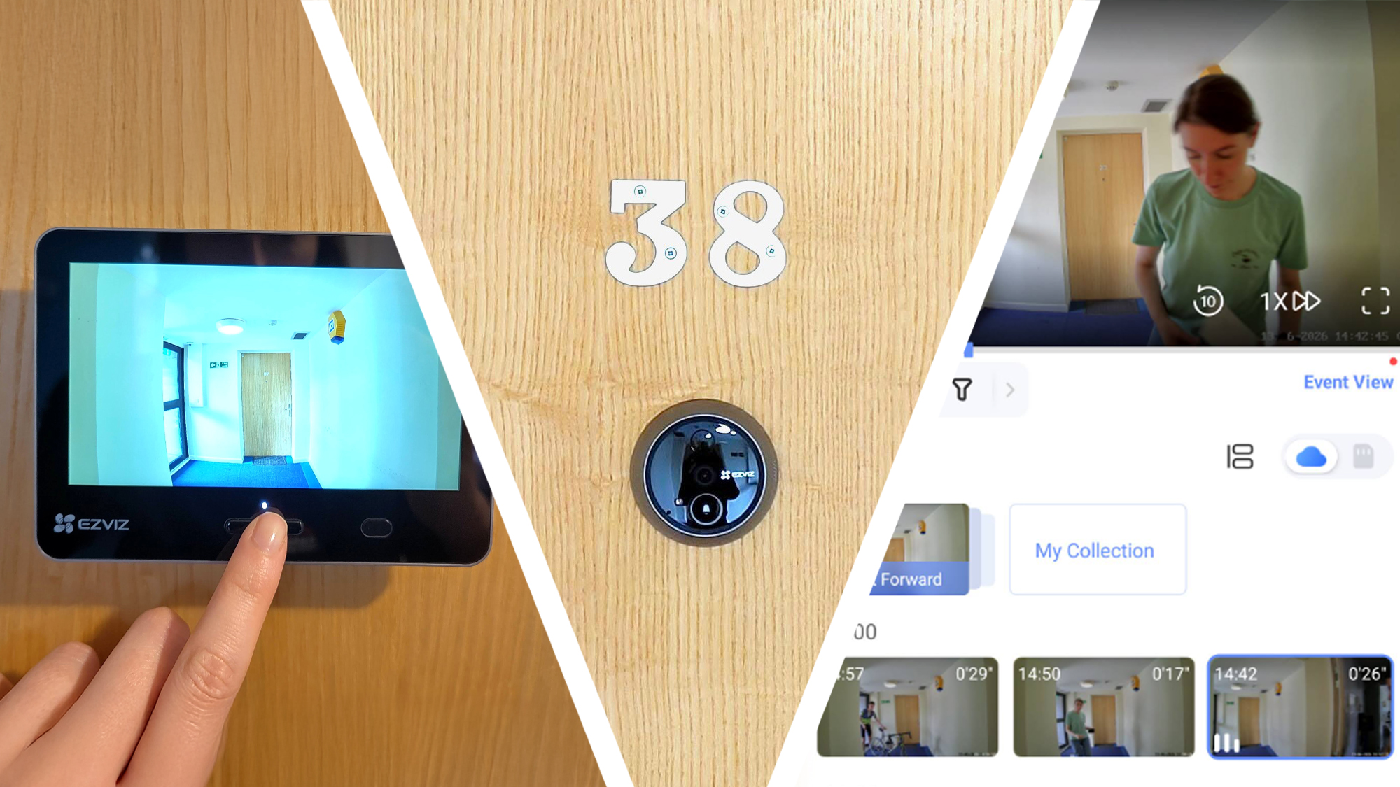 Split image of EZVIZ EP4 internal screen, external camera, and screengrab of footage in app