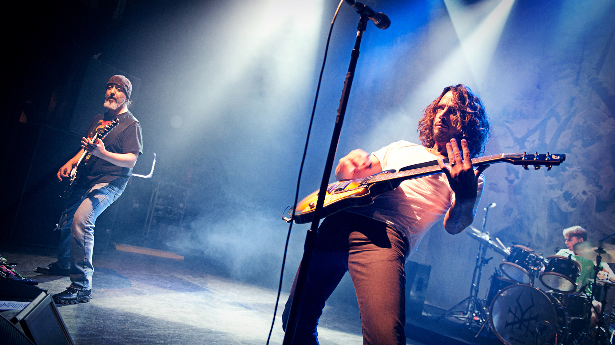 Chris Cornell (R) and Kim Thayil of American hard rock group Soundgarden performing live on stage at the O2 Shepherd&amp;rsquo;s Bush Empire in London, on November 9, 2012.