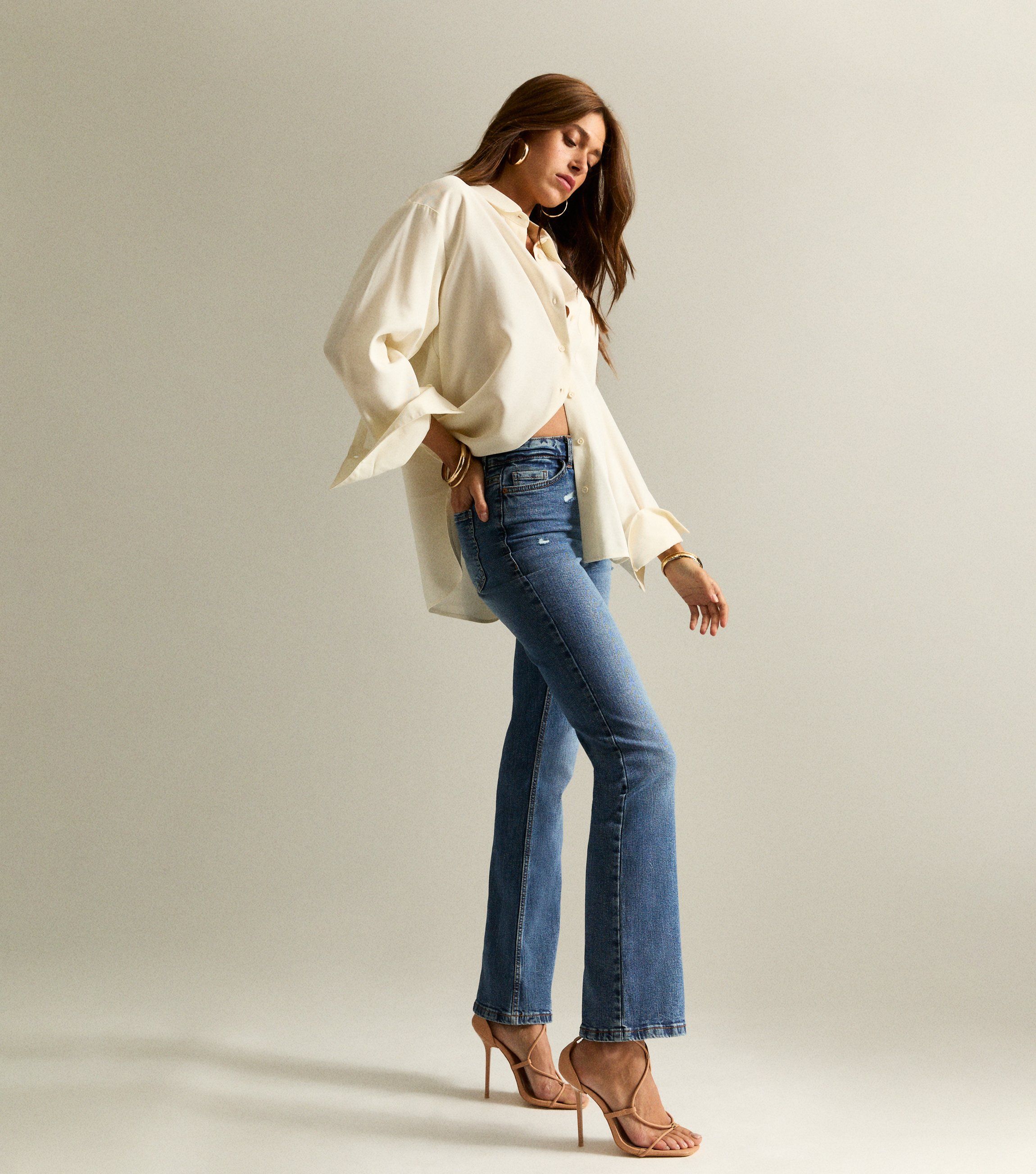 Blue Ripped Detail High Rise Flare Jeans