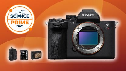 Sony A7R V on an orange background