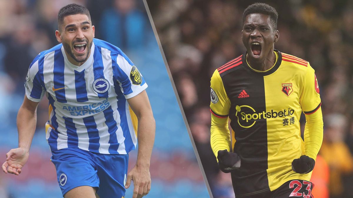 Brighton &amp; Hove Albion vs Watford live stream — Neal Maupay of Brighton &amp; Hove Albion and Ismaila Sarr of Watford