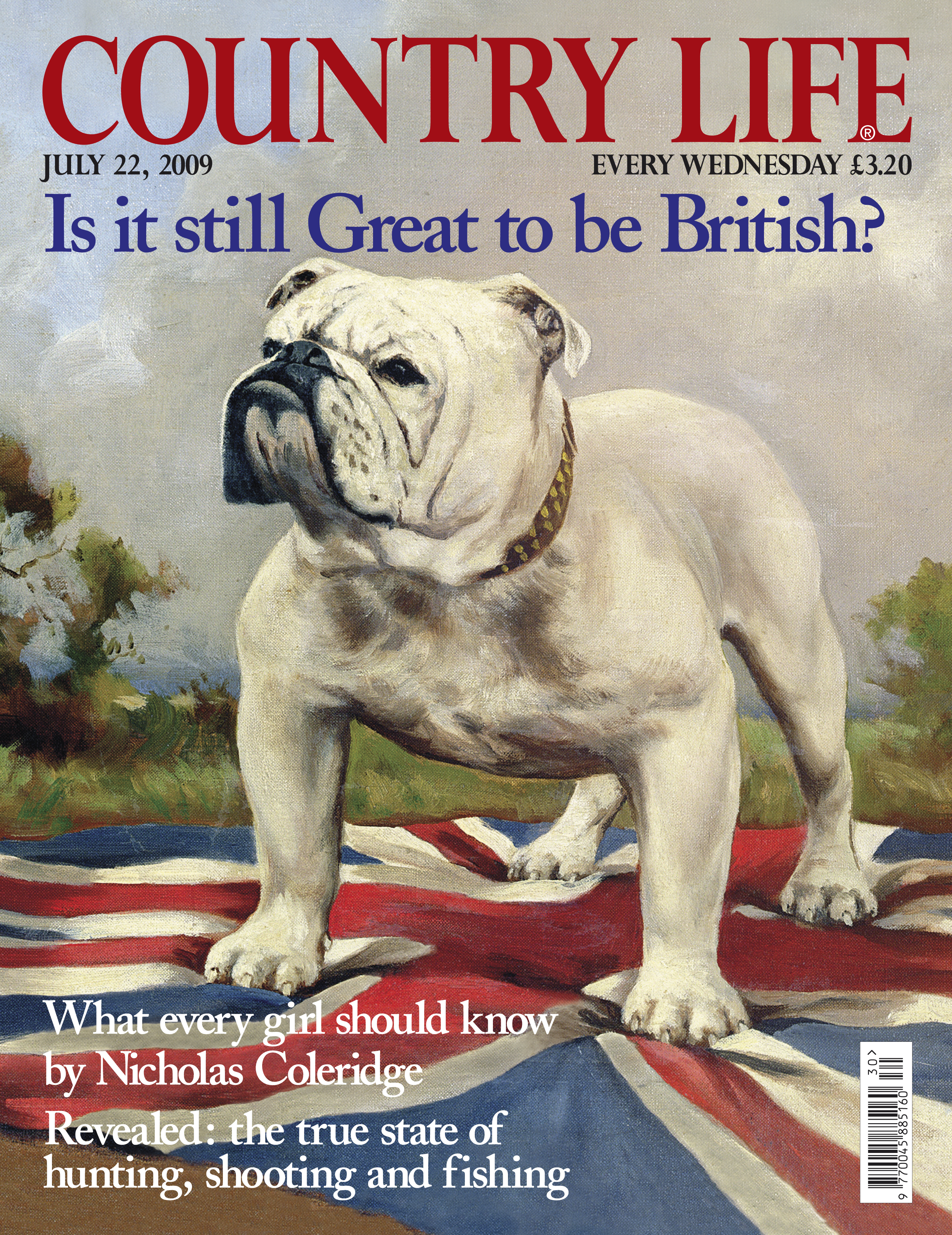 Country Life cover from July 22, 2009, featuring a painting of a white bulldog standing proudly on a Union Jack.