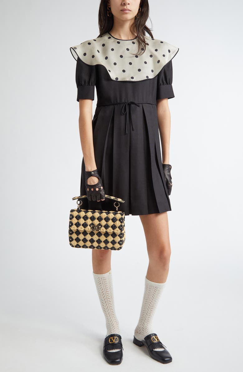 Polka Dot Bib Collar Pleated Shantung Silk Minidress