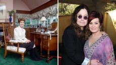 a splitscreen image with sharon osbourne in her buckinghamshire living room on the left and a picture of sharon and ozzy osbourne on the right